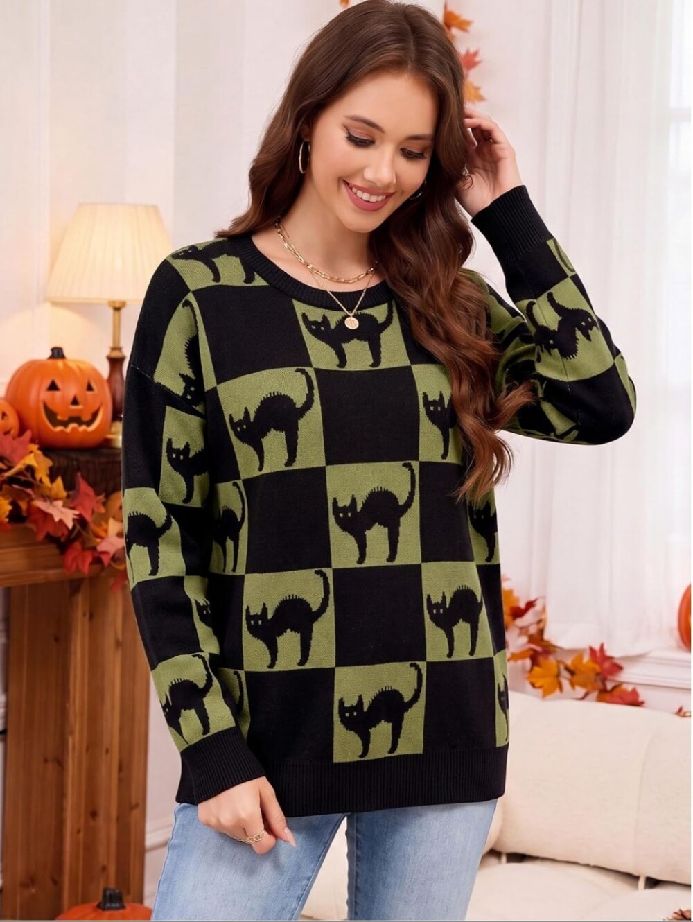 New Black Cat Halloween Sweater Women’s Small Army Green Black Checkered Soft Kn - Picture 3 of 8